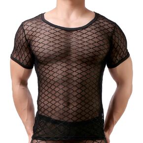 تي شيرت شبكي بأكمام قصيرة للرجال، قميص داخلي مثير بدون أكمام شبكي شفاف شفاف يمكن الرؤية من خلاله in Kuwait