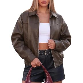 FOMELY Leather Jacket Women Oversized Bomber Motorcycle Y2K Moto Biker Racer Fall Coat with Pockets 2026 Trendy in Saudi Arabia