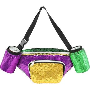 Wehhbtye Mardi Gras Fanny Pack، Mardi Gras الترتر حزمة الخصر مع 2 حامل للمشروبات، حقيبة حزام لامعة باللون الأرجواني الذهبي والأخضر للنساء والرجال وإكسسوارات تزيين الحفلات in Kuwait