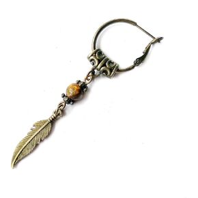 Tiger Eye Earring for Men with Bronze Feather - Native American Jewelry - Single Pirate Style Feather Lever back Earrings in Kuwait