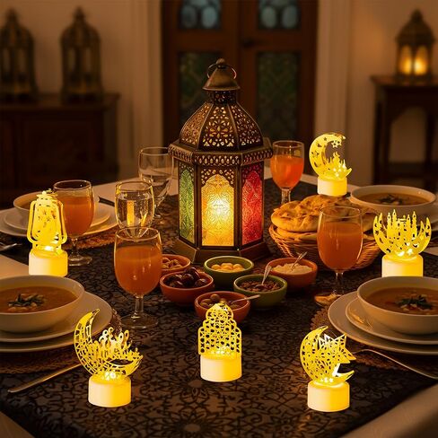 رمضان ميني فانوس أضواء الزينة 12 قطعة عيد مبارك البلاستيك LED ضوء الليل مع بطارية مصباح القمر القلعة ديكور فانوس معلق لمبارك ديكور المنزل حفلة الطاولة in Saudi Arabia