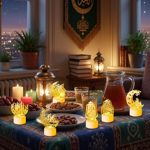 رمضان ميني فانوس أضواء الزينة 12 قطعة عيد مبارك البلاستيك LED ضوء الليل مع بطارية مصباح القمر القلعة ديكور فانوس معلق لمبارك ديكور المنزل حفلة الطاولة in Saudi Arabia