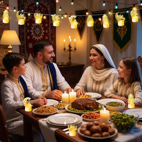 رمضان ميني فانوس أضواء الزينة 12 قطعة عيد مبارك البلاستيك LED ضوء الليل مع بطارية مصباح القمر القلعة ديكور فانوس معلق لمبارك ديكور المنزل حفلة الطاولة in Saudi Arabia