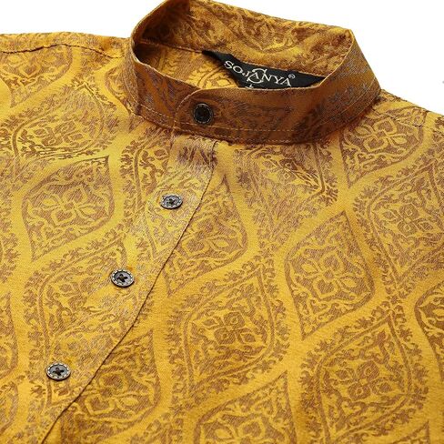 Sojanya (Since 1958 Men'S Jacquard Silk Mustard & Gold Kurta, Size 44 in Saudi Arabia
