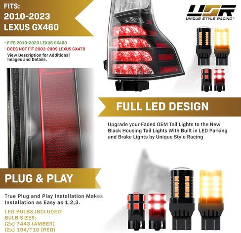 USR 10-23 9700 مصباح خلفي SUV - مع زوج من 4 مصابيح LED (يسار + يمين) - متوافق مع جميع موديلات Lexus GX460 2010-2023 (OE F-SPORT STYLE BLACK HOUSING TAIL LIGHTS مع أسلاك ومصابيح LED) in Saudi Arabia