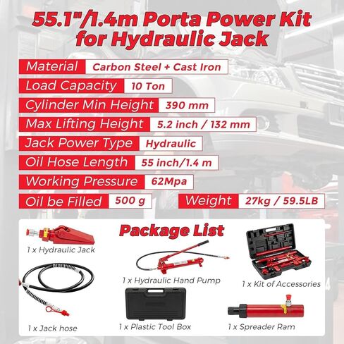 طقم طاقة بورتا هيدروليكي 12 طن لإصلاح إطار هيكل السيارة - سعة 26,455 رطل، خرطوم 4.6 قدم، حقيبة تخزين - مجموعة شديدة التحمل للسيارة والشاحنات وصيانة المرآب in Kuwait