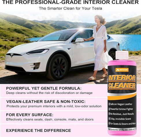 منظف ​​داخلي وبخاخ للعناية بالمقاعد لسيارة تيسلا - مزيل البقع آمن على الجلد النباتي باللونين الأبيض والأسود، ووحدة التحكم ولوحة القيادة، وينعش المقاعد - متوافق مع موديلات 3، وY، وS، وX، وإكسسوارات Cybertruck 2025/2026 in Kuwait