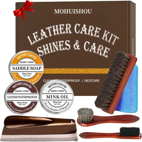 12 PCS Leather Care Kit - Horsehair Brushes,Saddle Soap,Waterproofing Wax,Mink Oil ,Polishing Cloth,Microfiber cloth,Boot Shoe Shine Cleaning Kit Gift for Men Cowboy Husband Dad birthdays Festive in Saudi Arabia