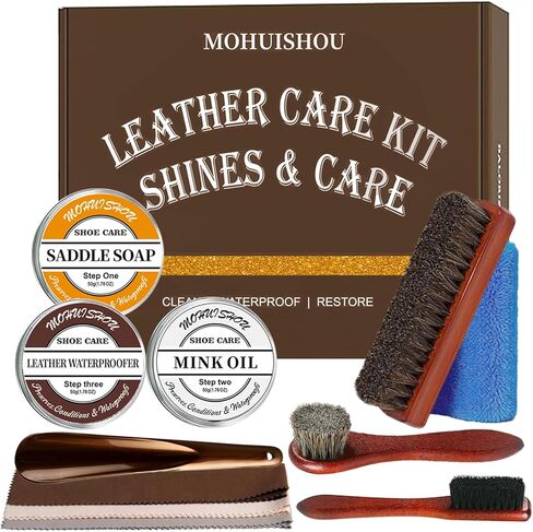 12 PCS Leather Care Kit - Horsehair Brushes,Saddle Soap,Waterproofing Wax,Mink Oil ,Polishing Cloth,Microfiber cloth,Boot Shoe Shine Cleaning Kit Gift for Men Cowboy Husband Dad birthdays Festive in Saudi Arabia