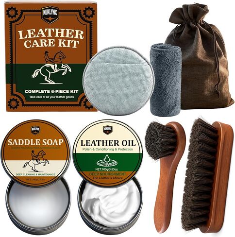 Leather Care Kit - Leather Polish, Cleaning & Conditioning Kit with 100g Saddle Soap & 100g Leather Oil, 2 Horsehair Brushes, Cloth, Sponge - Leather Boot Care Kit Gift for Men & Women in Saudi Arabia