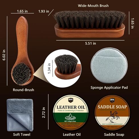 Leather Care Kit - Leather Polish, Cleaning & Conditioning Kit with 100g Saddle Soap & 100g Leather Oil, 2 Horsehair Brushes, Cloth, Sponge - Leather Boot Care Kit Gift for Men & Women in Saudi Arabia