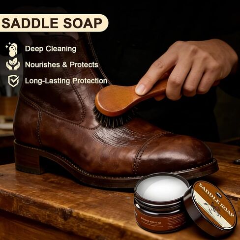 Leather Care Kit - Leather Polish, Cleaning & Conditioning Kit with 100g Saddle Soap & 100g Leather Oil, 2 Horsehair Brushes, Cloth, Sponge - Leather Boot Care Kit Gift for Men & Women in Saudi Arabia
