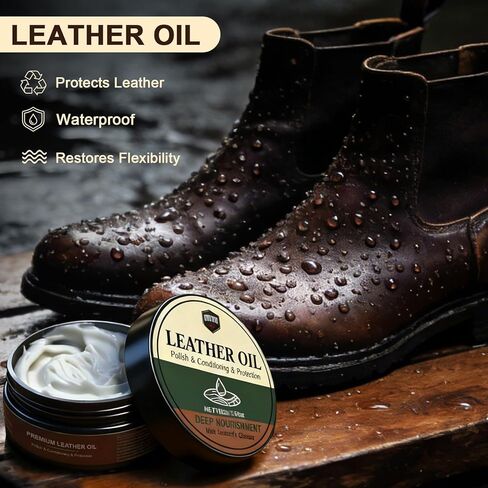 Leather Care Kit - Leather Polish, Cleaning & Conditioning Kit with 100g Saddle Soap & 100g Leather Oil, 2 Horsehair Brushes, Cloth, Sponge - Leather Boot Care Kit Gift for Men & Women in Saudi Arabia