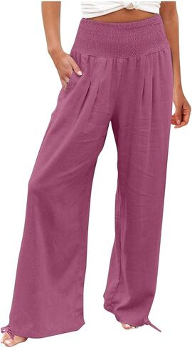 Womens Wide Leg Linen Pants Smocked High Waist Flowy Palazzo Pants Summer Vacation Beach Boho Trousers with Pockets in Saudi Arabia