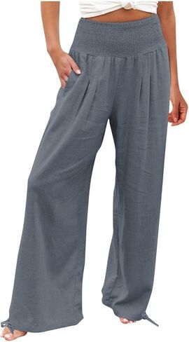 Womens Wide Leg Linen Pants Smocked High Waist Flowy Palazzo Pants Summer Vacation Beach Boho Trousers with Pockets in Saudi Arabia