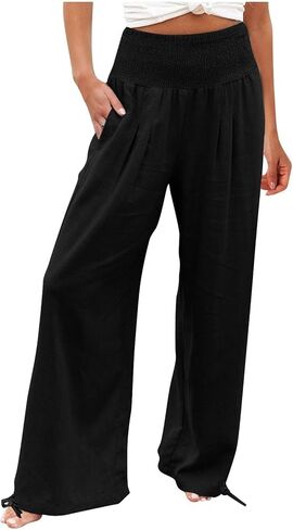 Womens Wide Leg Linen Pants Smocked High Waist Flowy Palazzo Pants Summer Vacation Beach Boho Trousers with Pockets in Saudi Arabia