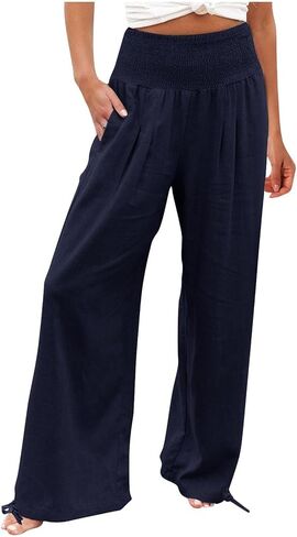 Womens Wide Leg Linen Pants Smocked High Waist Flowy Palazzo Pants Summer Vacation Beach Boho Trousers with Pockets in Saudi Arabia