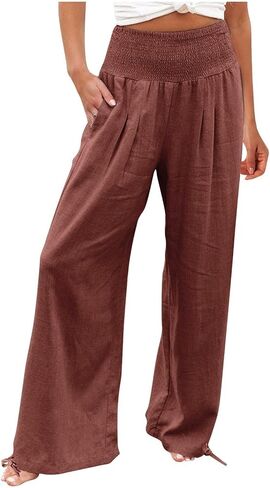 Womens Wide Leg Linen Pants Smocked High Waist Flowy Palazzo Pants Summer Vacation Beach Boho Trousers with Pockets in Saudi Arabia