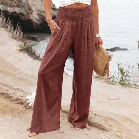 Womens Wide Leg Linen Pants Smocked High Waist Flowy Palazzo Pants Summer Vacation Beach Boho Trousers with Pockets in Saudi Arabia