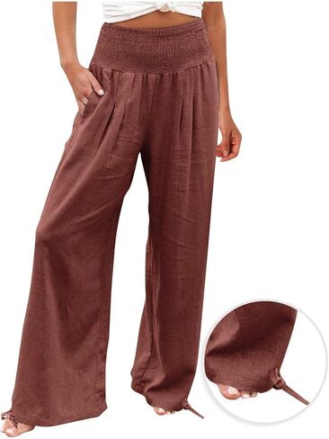 Womens Wide Leg Linen Pants Smocked High Waist Flowy Palazzo Pants Summer Vacation Beach Boho Trousers with Pockets in Saudi Arabia