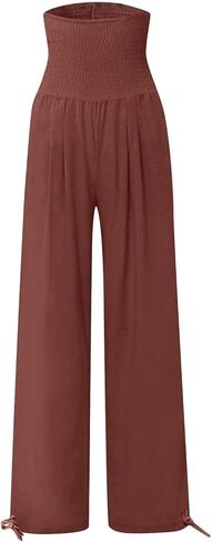 Womens Wide Leg Linen Pants Smocked High Waist Flowy Palazzo Pants Summer Vacation Beach Boho Trousers with Pockets in Saudi Arabia