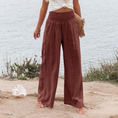 Womens Wide Leg Linen Pants Smocked High Waist Flowy Palazzo Pants Summer Vacation Beach Boho Trousers with Pockets in Saudi Arabia