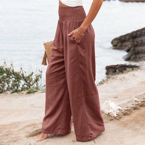 Womens Wide Leg Linen Pants Smocked High Waist Flowy Palazzo Pants Summer Vacation Beach Boho Trousers with Pockets in Saudi Arabia