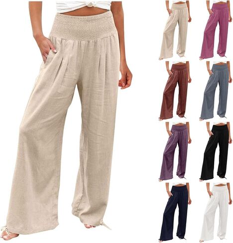 Womens Wide Leg Linen Pants Smocked High Waist Flowy Palazzo Pants Summer Vacation Beach Boho Trousers with Pockets in Saudi Arabia