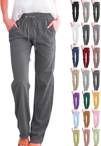 Linen Pants Women Spring Summer Dressy Casual High Waisted Drawstring Pant Cotton Straight Leg Lounge Trousers in Saudi Arabia