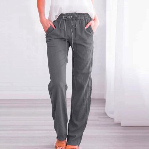 Linen Pants Women Spring Summer Dressy Casual High Waisted Drawstring Pant Cotton Straight Leg Lounge Trousers in Saudi Arabia