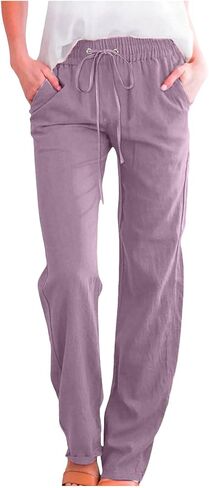 Linen Pants Women Spring Summer Dressy Casual High Waisted Drawstring Pant Cotton Straight Leg Lounge Trousers in Saudi Arabia