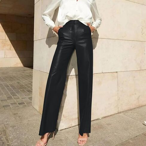 Leather Pants for Women Stretch Retro Faux Leather Pants with Pocket High Waisted Straight Leg Pleather Trousers in Saudi Arabia