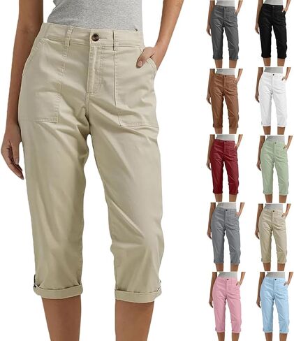 البضائع Capris للنساء 2026 الصيف عادية عالية الخصر زر فضفاض السفر التنزه كابري اقتصاص السراويل مع جيوب in Kuwait