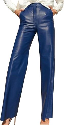 Leather Pants for Women Stretch Retro Faux Leather Pants with Pocket High Waisted Straight Leg Pleather Trousers in Saudi Arabia
