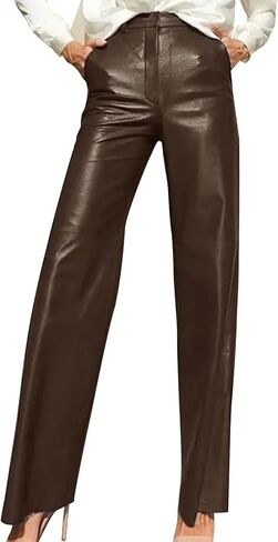Leather Pants for Women Stretch Retro Faux Leather Pants with Pocket High Waisted Straight Leg Pleather Trousers in Saudi Arabia