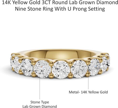 Diamond2Deal 1/2 Carat to 3 Carat Round Shape Lab Grown Diamond Nine Stone Wedding Band Ring | 14k White or Yellow Gold U Prong Setting Nine Stone Band Ring | D-E Color and VS Clarity in Saudi Arabia
