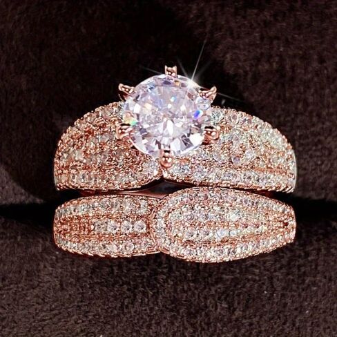 2pcs/set Luxury Stacking Rings 6-Claw Round Zirconia Engagement Ring for Women Proposal Anniversary Wedding Jewelry in Saudi Arabia