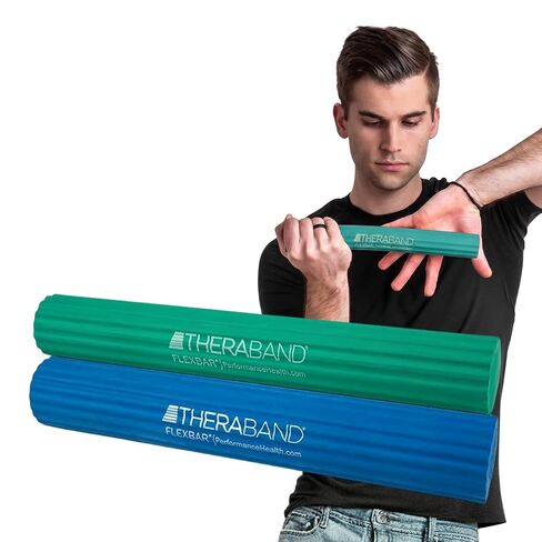 THERABAND FlexBar, Tennis Elbow Therapy Bar, Relieve Tendonitis Pain And Improve Grip Strength, Resistance Bar For Golfers Elbow And Tendinitis, Medium-Heavy, 2- Pack, GREEN / BLUE in Kuwait
