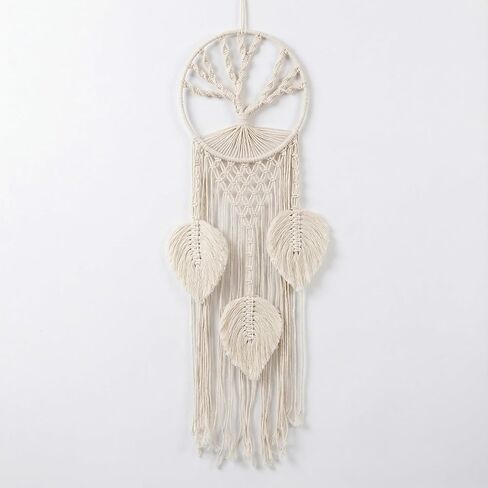 تعليقة جدارية بيضاء من Macrame Dreamcatcher، ديكور بوهو عمودي طويل 37 بوصة مع ريش وشجرة الحياة، نسيج قطني مصنوع يدويًا لغرفة النوم، مساحة التأمل، استوديو اليوغا - هدية روحية مهدئة in Kuwait