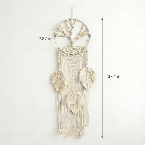 تعليقة جدارية بيضاء من Macrame Dreamcatcher، ديكور بوهو عمودي طويل 37 بوصة مع ريش وشجرة الحياة، نسيج قطني مصنوع يدويًا لغرفة النوم، مساحة التأمل، استوديو اليوغا - هدية روحية مهدئة in Kuwait