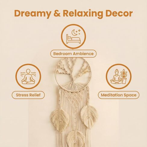 تعليقة جدارية بيضاء من Macrame Dreamcatcher، ديكور بوهو عمودي طويل 37 بوصة مع ريش وشجرة الحياة، نسيج قطني مصنوع يدويًا لغرفة النوم، مساحة التأمل، استوديو اليوغا - هدية روحية مهدئة in Kuwait