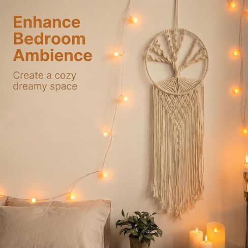 تعليقة جدارية بيضاء من Macrame Dreamcatcher، ديكور بوهو عمودي طويل 37 بوصة مع ريش وشجرة الحياة، نسيج قطني مصنوع يدويًا لغرفة النوم، مساحة التأمل، استوديو اليوغا - هدية روحية مهدئة in Kuwait