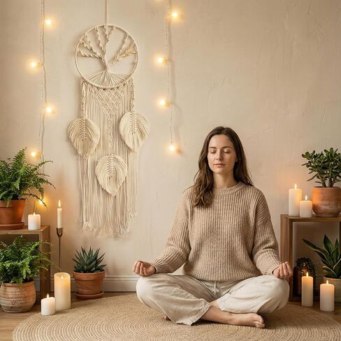 تعليقة جدارية بيضاء من Macrame Dreamcatcher، ديكور بوهو عمودي طويل 37 بوصة مع ريش وشجرة الحياة، نسيج قطني مصنوع يدويًا لغرفة النوم، مساحة التأمل، استوديو اليوغا - هدية روحية مهدئة in Kuwait