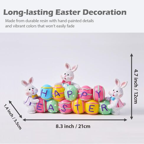 3 Easter Bunny Holding Eggs and Happy Easter Decorations, Resin Easter Bunny Rabbits Figurine Tabletop Centerpiece for Spring Decor Easter Home Office Party Decor… in Kuwait