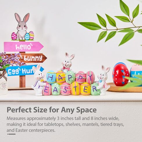 3 Easter Bunny Holding Eggs and Happy Easter Decorations, Resin Easter Bunny Rabbits Figurine Tabletop Centerpiece for Spring Decor Easter Home Office Party Decor… in Kuwait