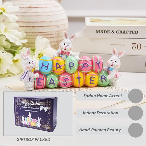 3 Easter Bunny Holding Eggs and Happy Easter Decorations, Resin Easter Bunny Rabbits Figurine Tabletop Centerpiece for Spring Decor Easter Home Office Party Decor… in Kuwait