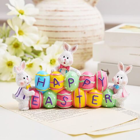 3 Easter Bunny Holding Eggs and Happy Easter Decorations, Resin Easter Bunny Rabbits Figurine Tabletop Centerpiece for Spring Decor Easter Home Office Party Decor… in Kuwait