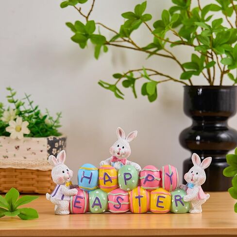 3 Easter Bunny Holding Eggs and Happy Easter Decorations, Resin Easter Bunny Rabbits Figurine Tabletop Centerpiece for Spring Decor Easter Home Office Party Decor… in Kuwait