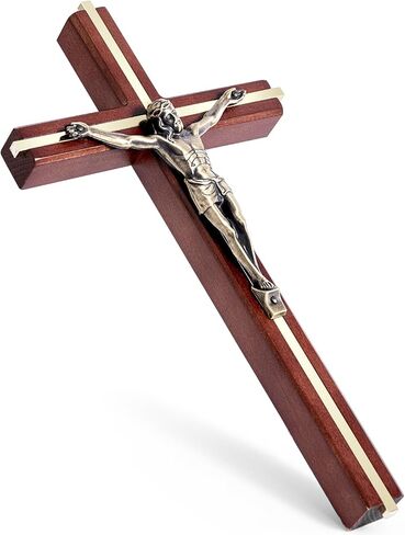 صليب SISSIDA للجدار، صلبان خشبية كاثوليكية مصنوعة يدويًا لتزيين الحائط، 10 بوصة، بني + ذهبي in Kuwait