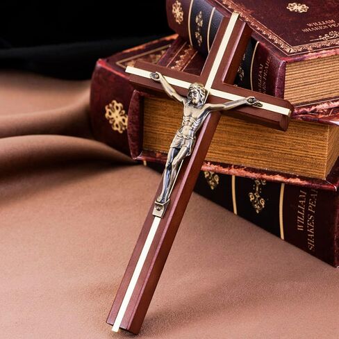 صليب SISSIDA للجدار، صلبان خشبية كاثوليكية مصنوعة يدويًا لتزيين الحائط، 10 بوصة، بني + ذهبي in Kuwait